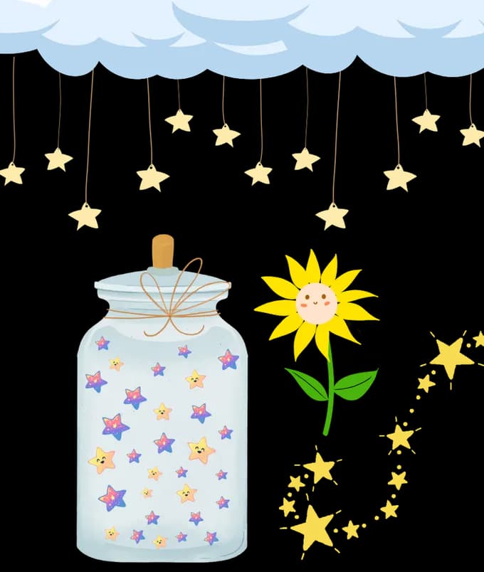 The Happispace welcome screen: a jar filling up with stars under a cloud of them, beside the sunflower, over a night sky.